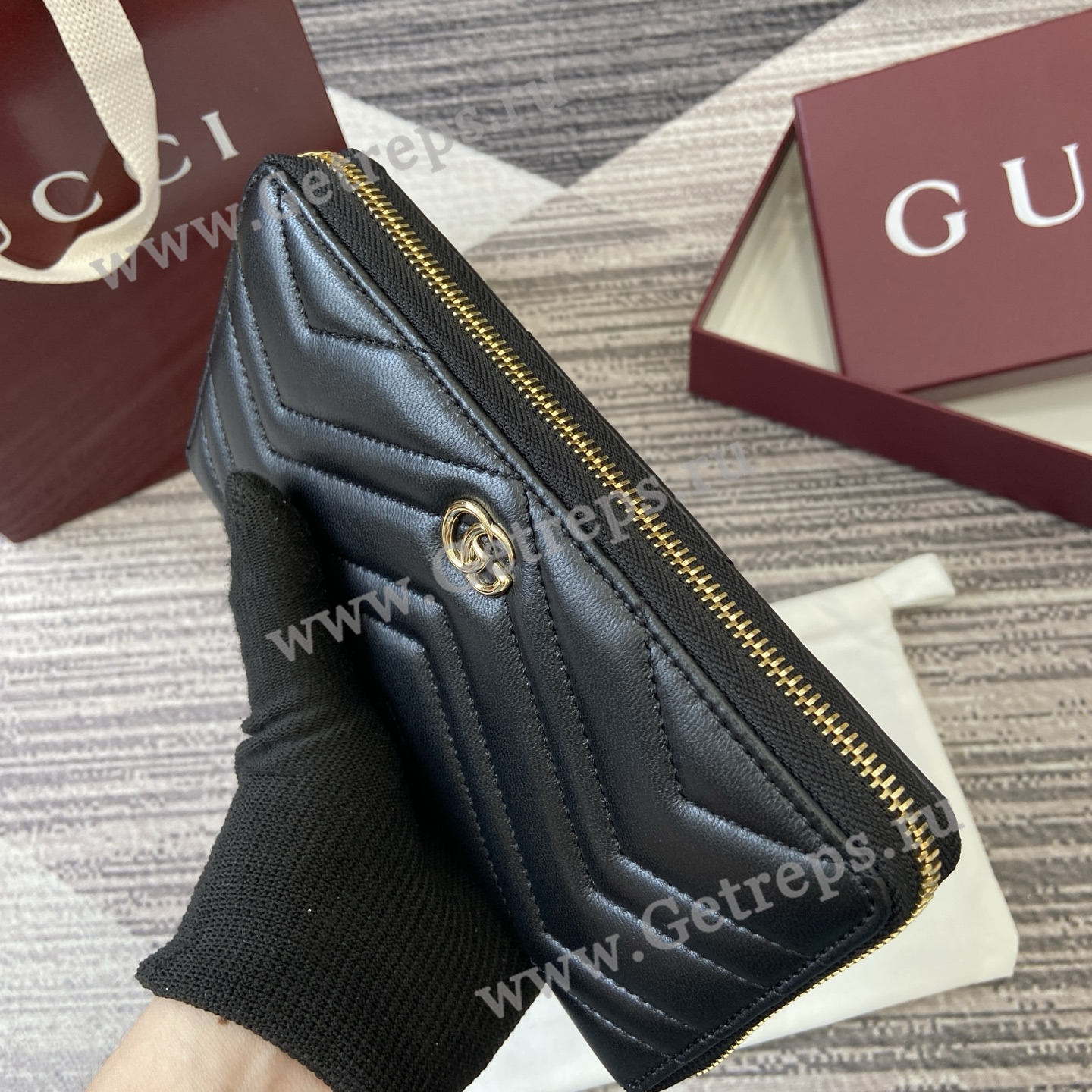 Gucci 837758 GG Marmont Zip Around Wallet Black