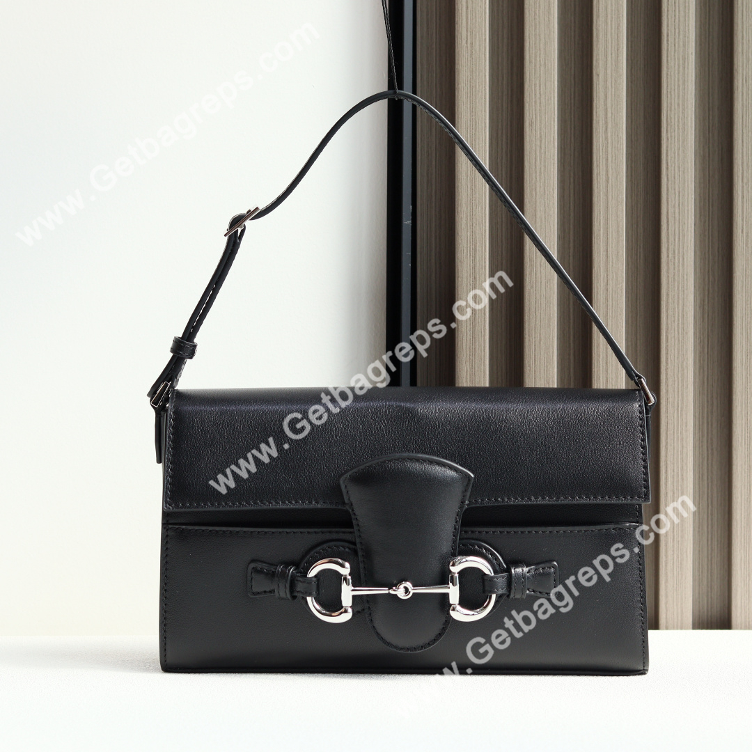 Gucci A0020Y Horsebit Ristretto Medium Shoulder Bag in Black