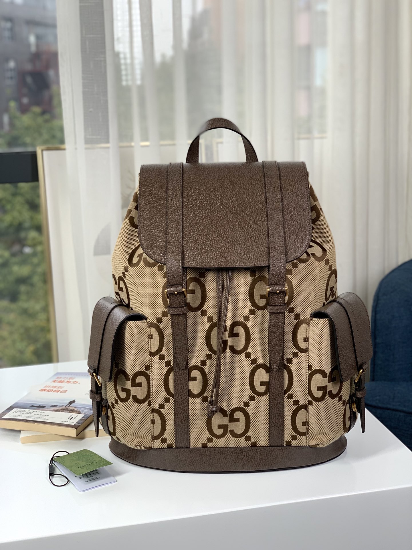 Gucci Backpack with Jumbo GG Brown Leather Trim 678829