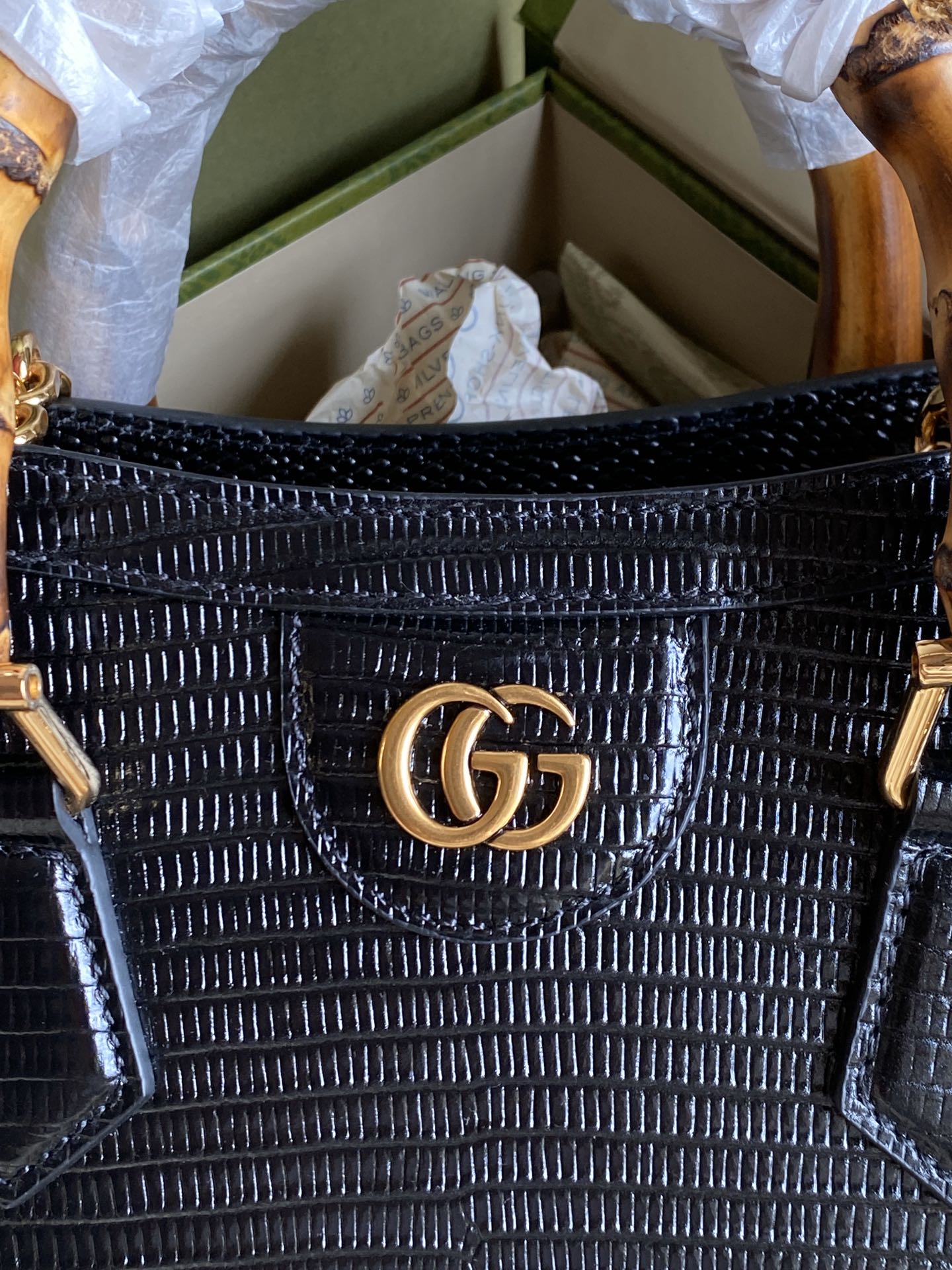 Gucci Diana Black lizard Mini Bag With Removable Chain Shoulder Strap