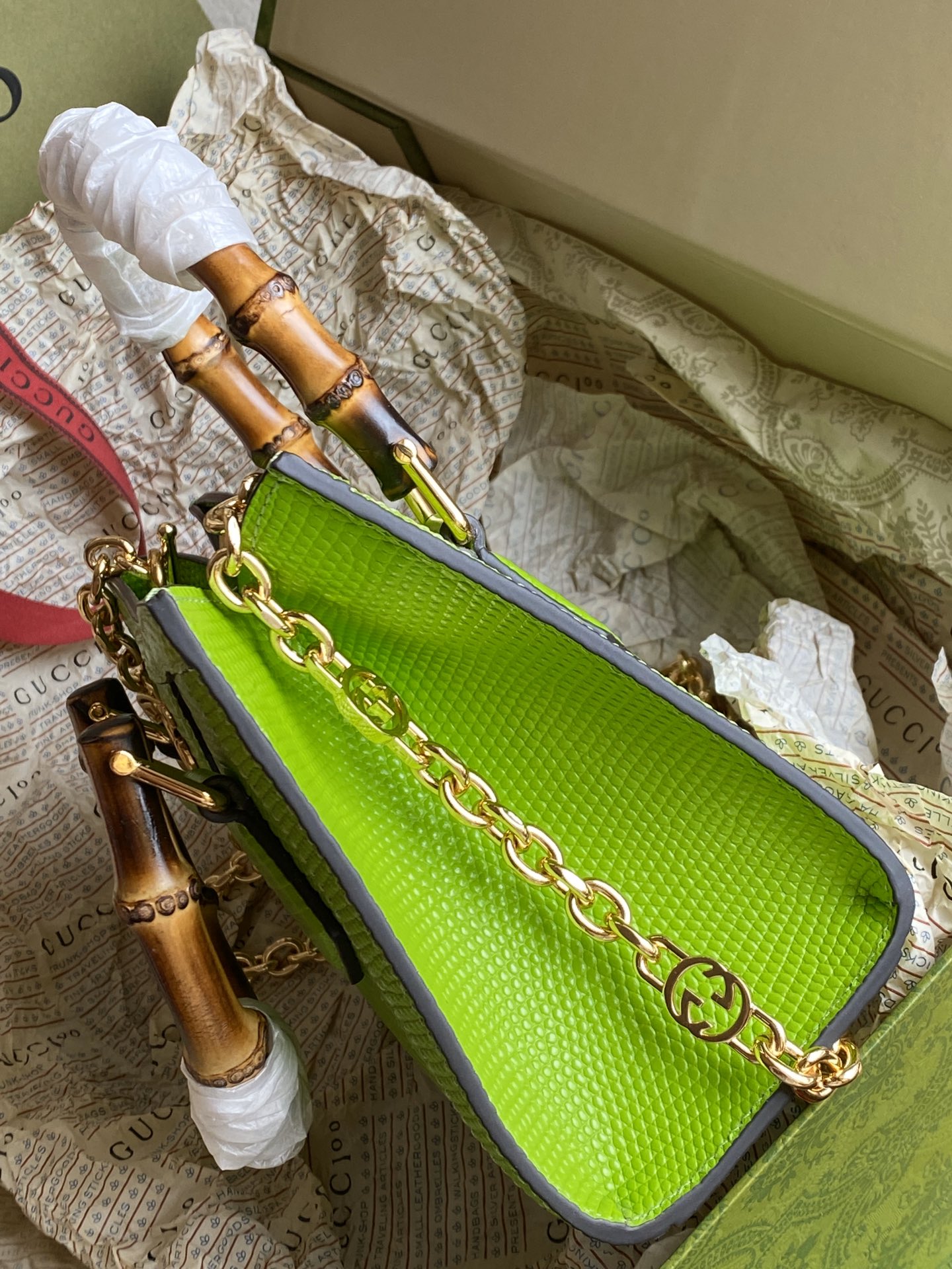 Gucci Diana Light Green lizard Mini Bag With Removable Chain Shoulder Strap