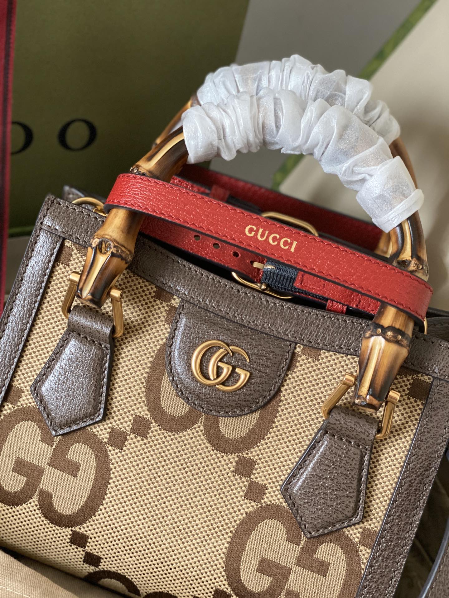 Gucci Diana jumbo GG Mini Tote Bag Brown Leather Trim