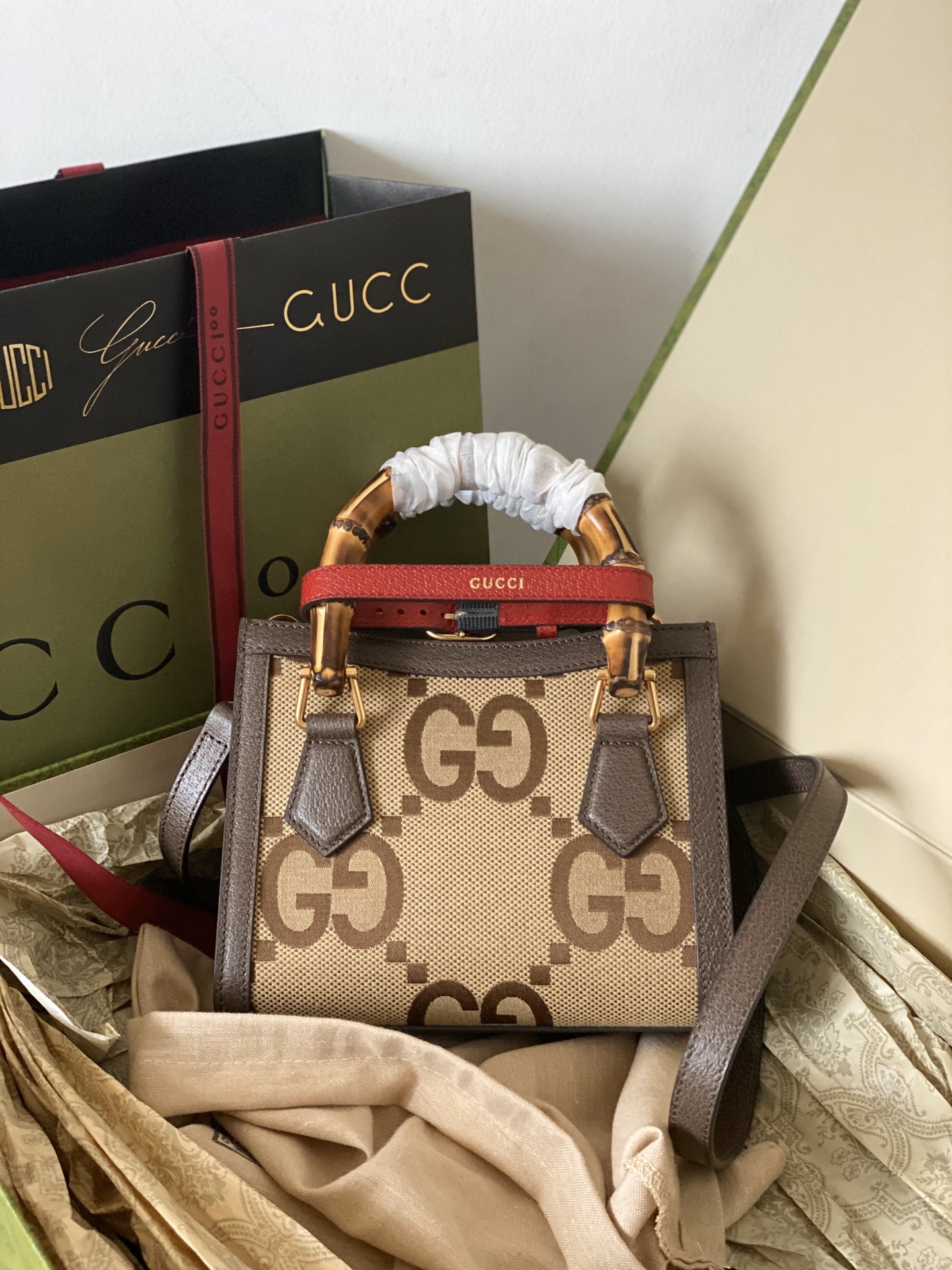 Gucci Diana jumbo GG Mini Tote Bag Brown Leather Trim