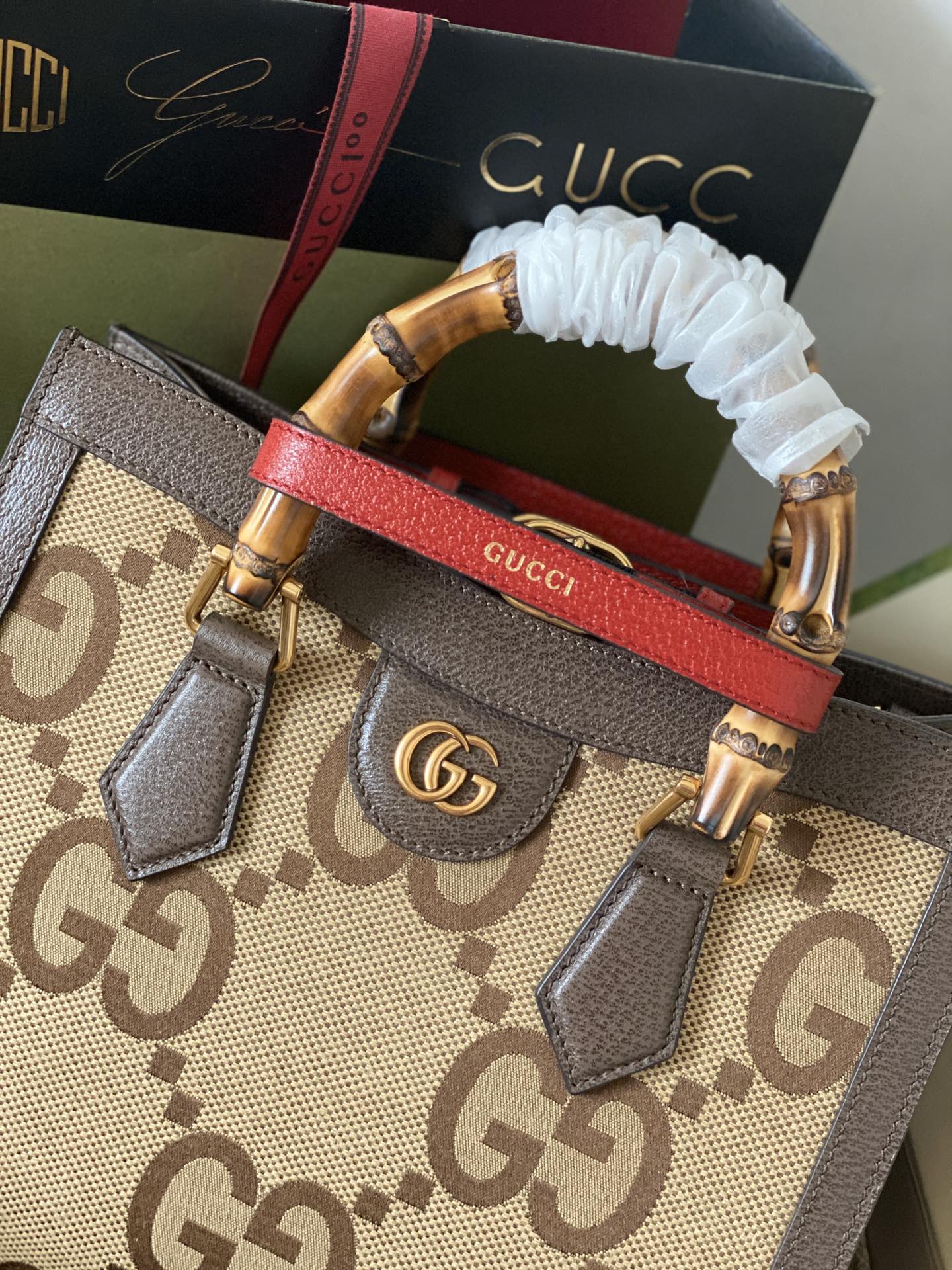 Gucci Diana jumbo GG Small Tote Bag Brown Leather Trim 660195