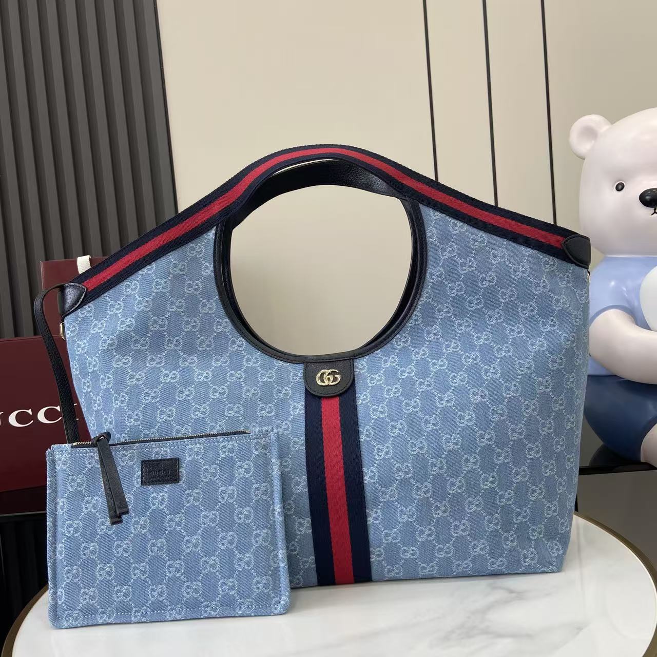Gucci Giglio Large Tote Bag Light Blue and Brown GG Canvas