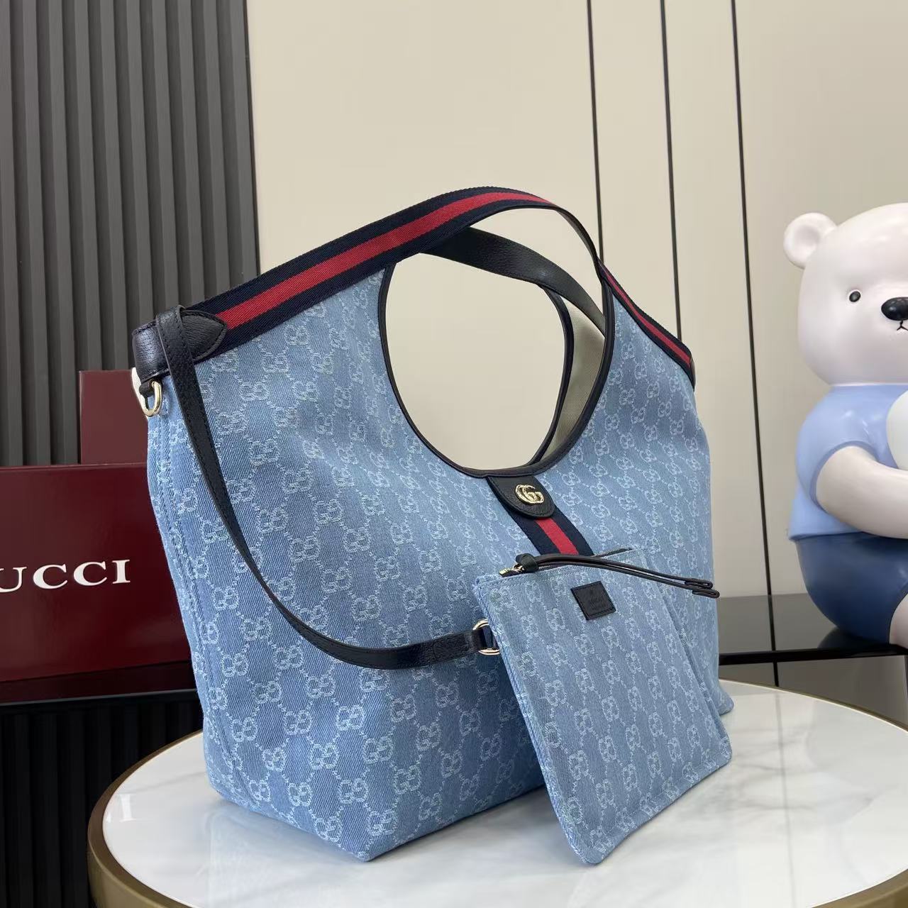 Gucci Giglio Large Tote Bag Light Blue and Brown GG Canvas