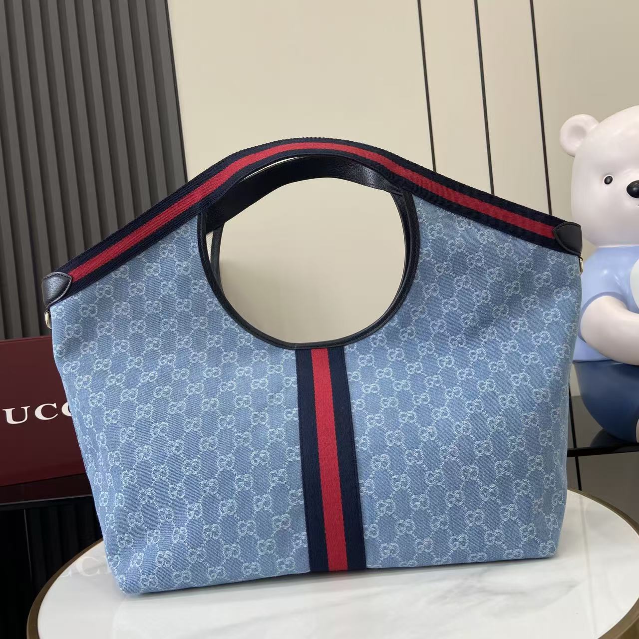 Gucci Giglio Large Tote Bag Light Blue and Brown GG Canvas