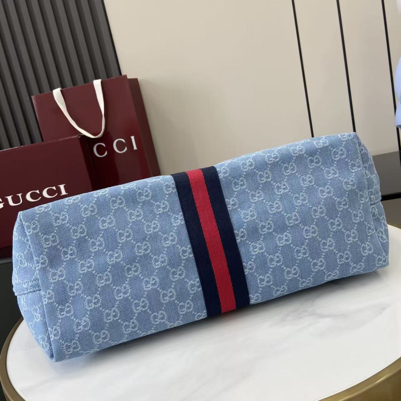 Gucci Giglio Large Tote Bag Light Blue and Brown GG Canvas