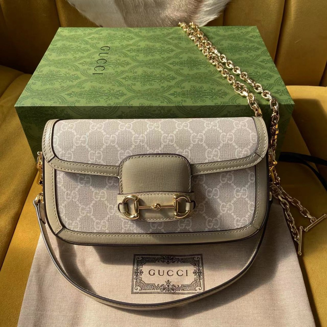 Gucci Horsebit 1955 Shoulder Bag 735178 Beige and white GG Supreme Canvas