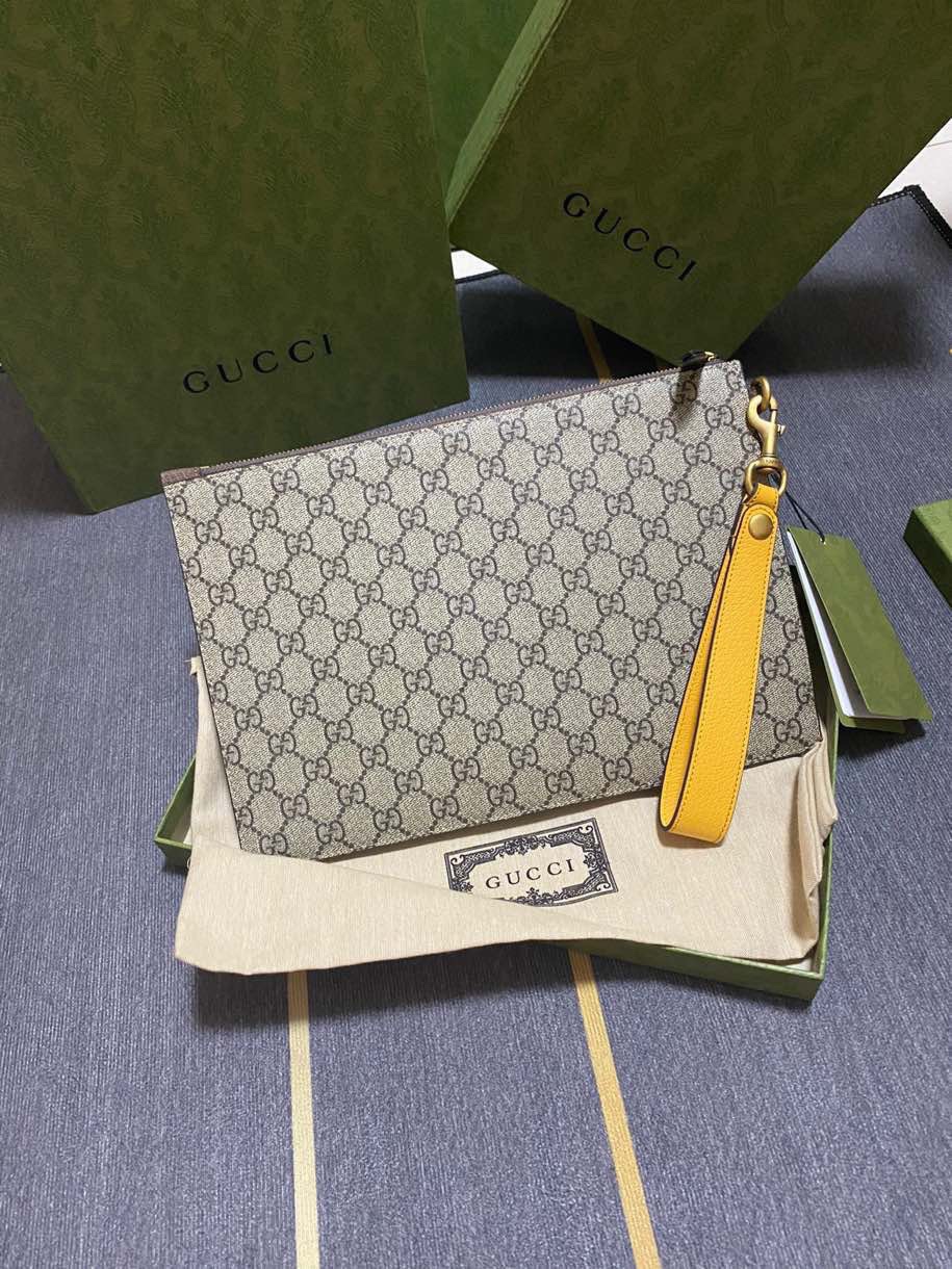 Gucci Men Leather Pouch Bag GG Supreme Canvas 473956