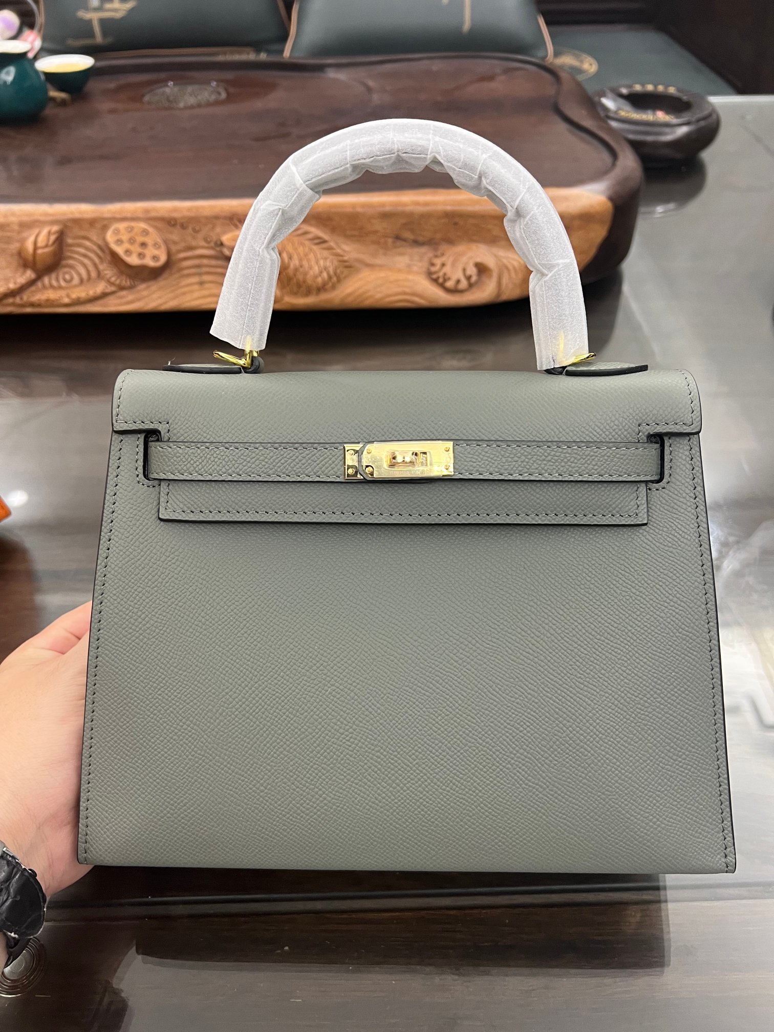 Handmade Hermes 25cm 28cm Epsom Leather Almond Green with Gold and Silver Hardware
