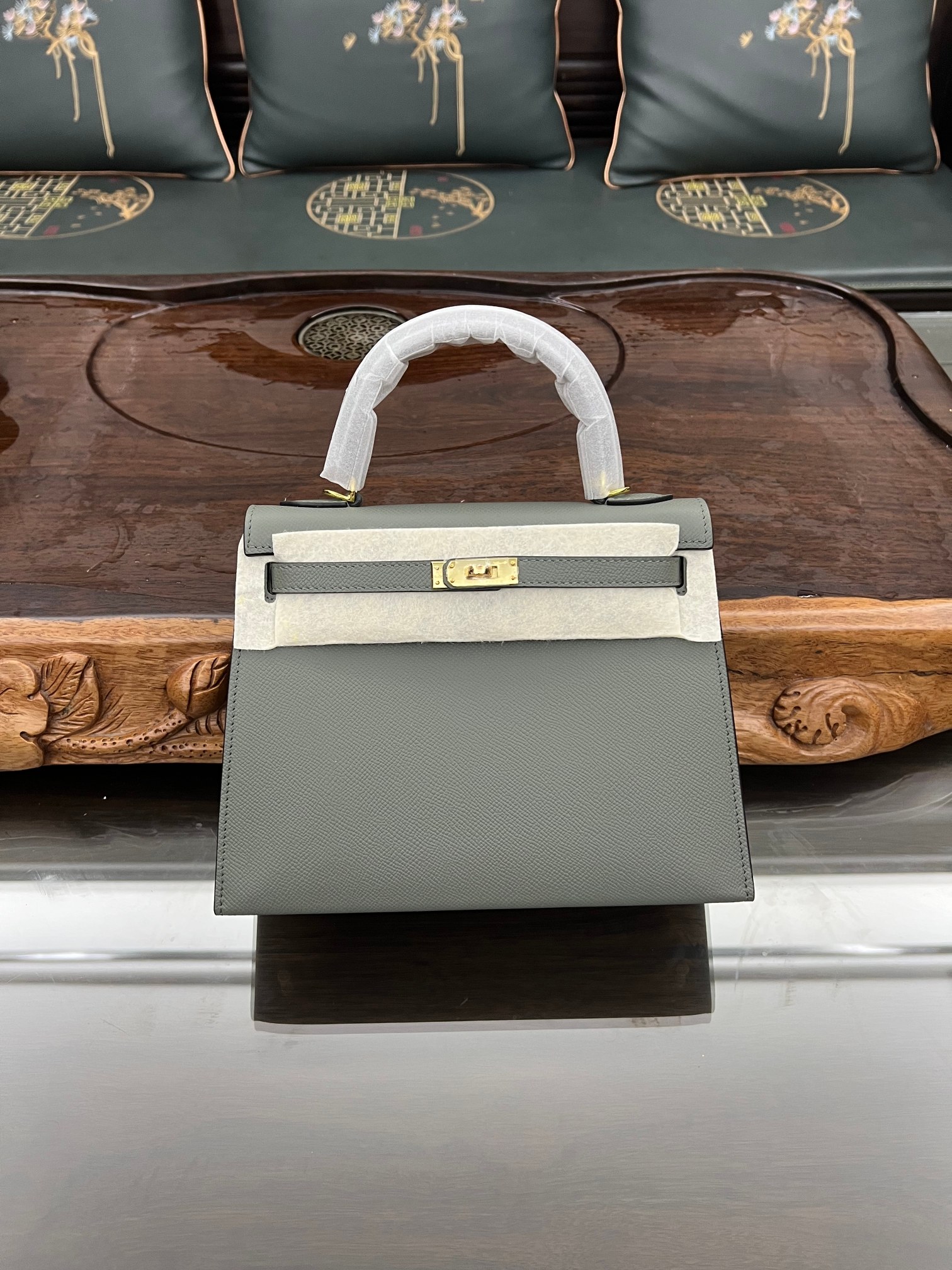 Handmade Hermes 25cm 28cm Epsom Leather Almond Green with Gold and Silver Hardware