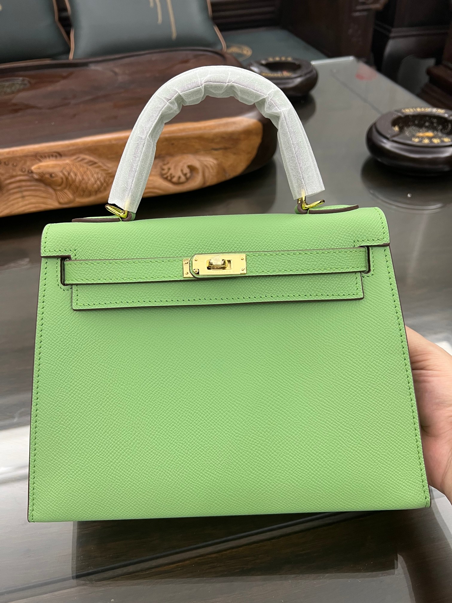 Handmade Hermes 25cm 28cm Epsom Leather Avocado Green with Gold and Silver Hardware