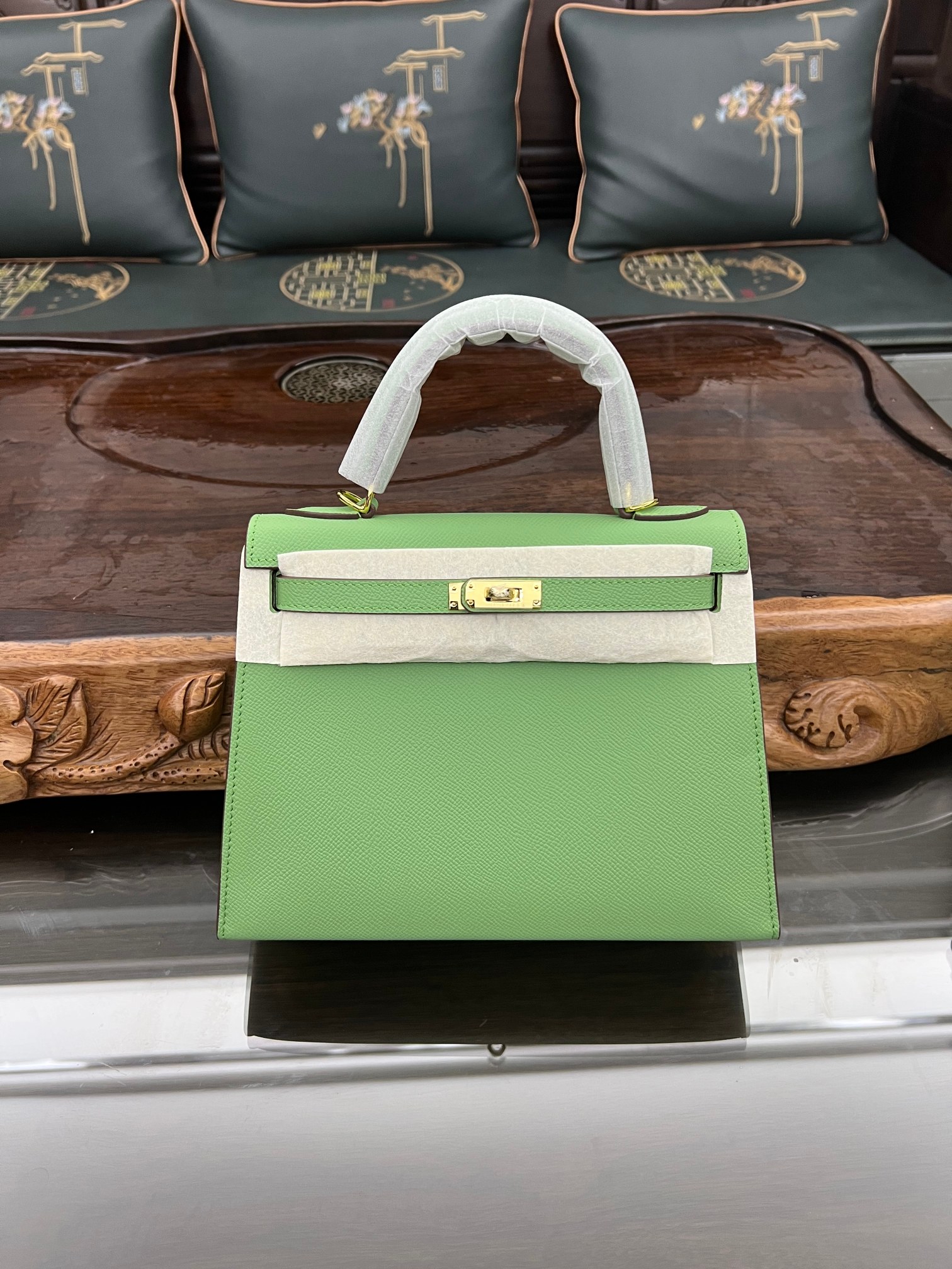 Handmade Hermes 25cm 28cm Epsom Leather Avocado Green with Gold and Silver Hardware