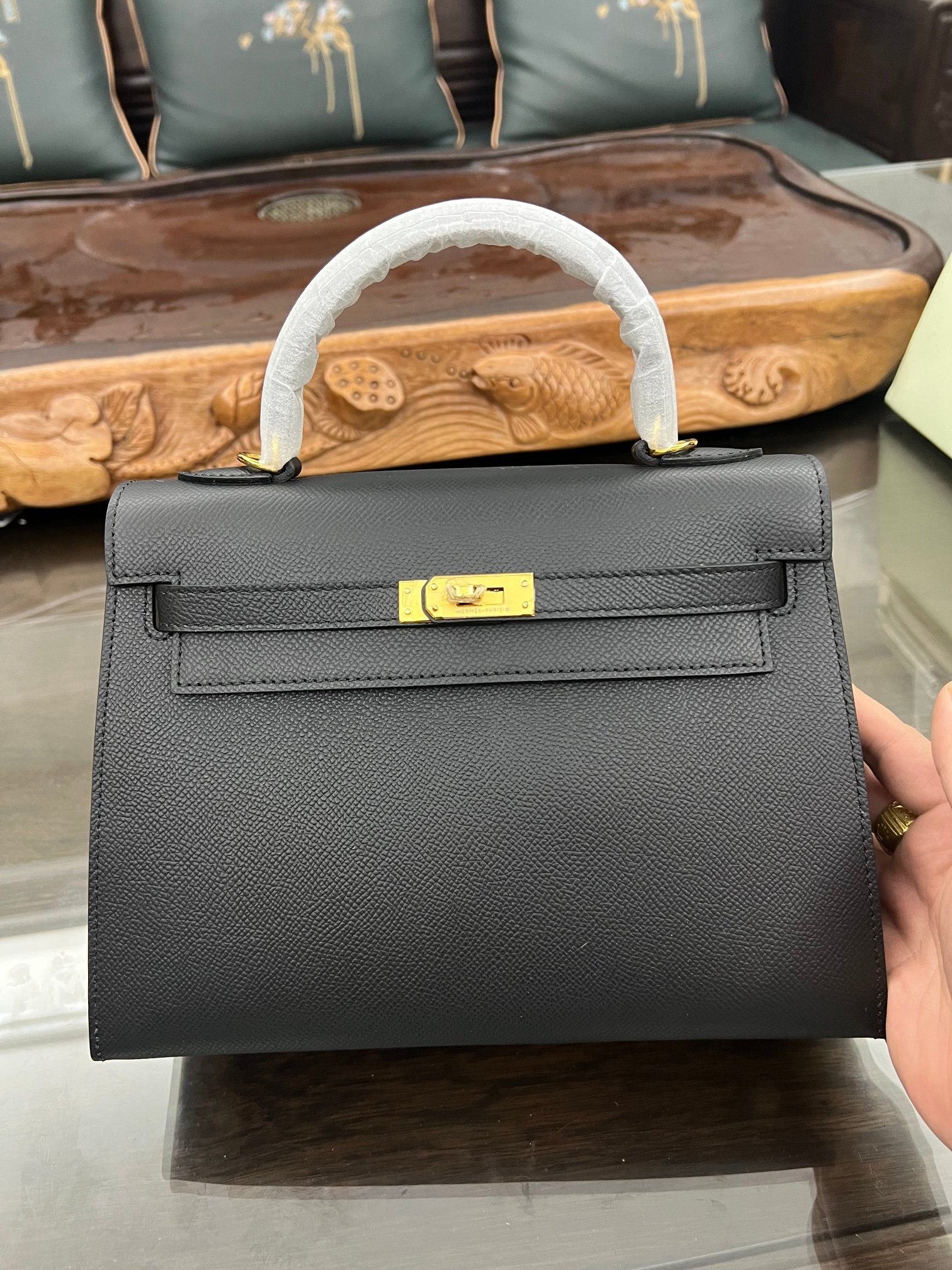 Handmade Hermes 25cm 28cm Epsom Leather Black with Gold and Silver Hardware