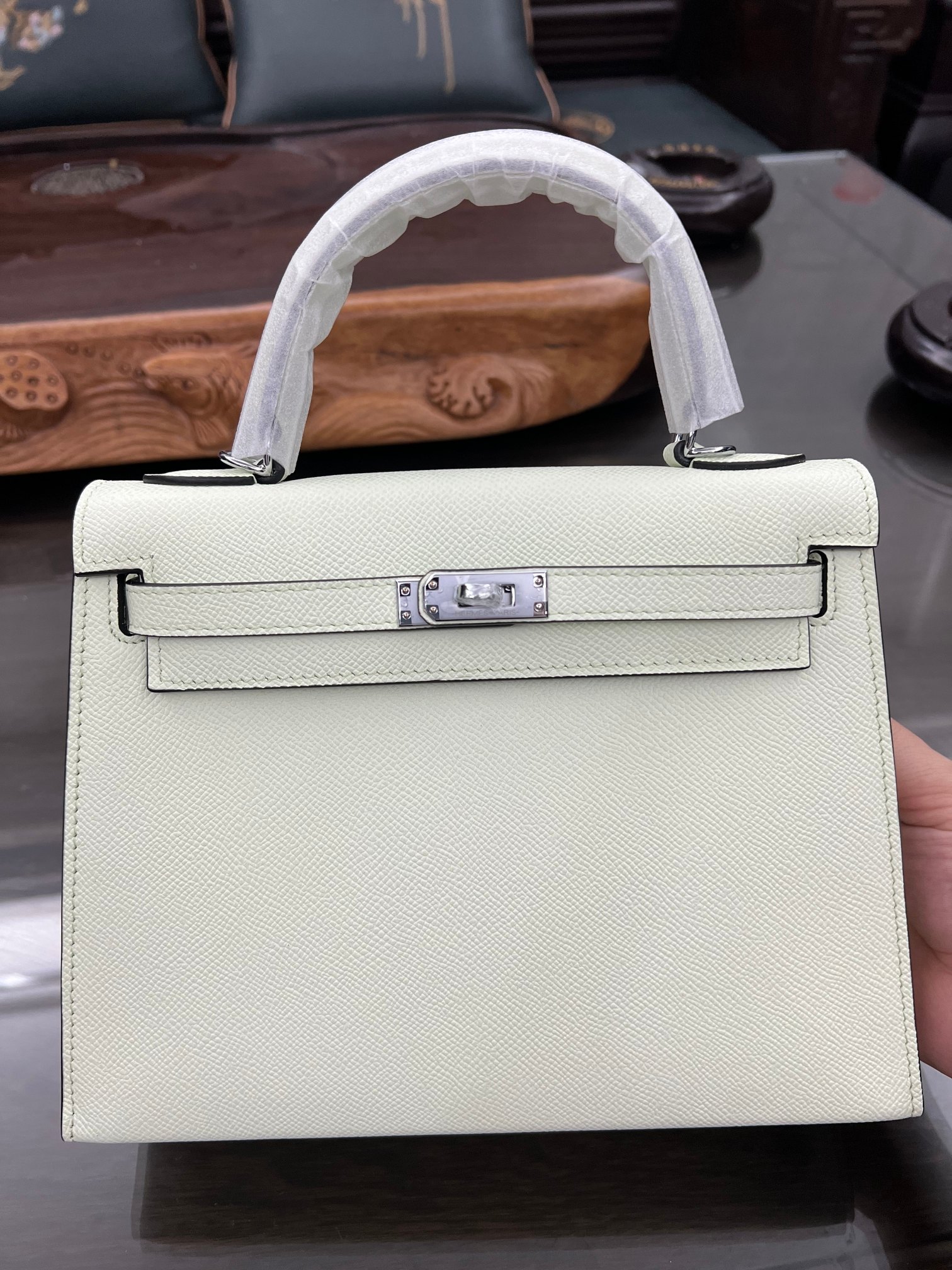 Handmade Hermes 25cm 28cm Epsom Leather Bubble Green with Gold and Silver Hardware