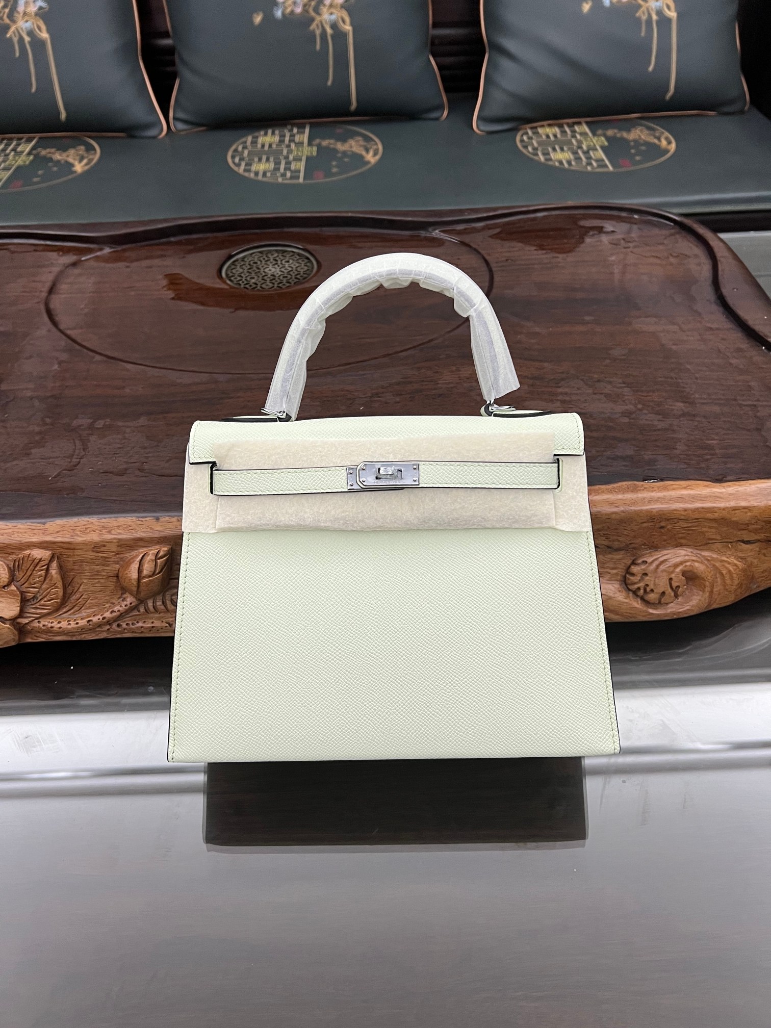 Handmade Hermes 25cm 28cm Epsom Leather Bubble Green with Gold and Silver Hardware
