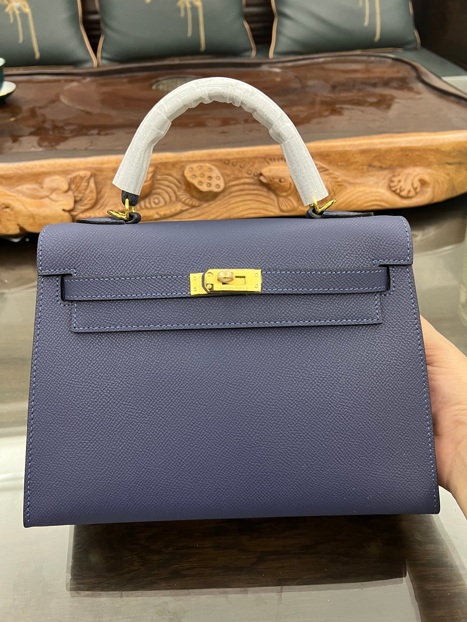 Handmade Hermes 25cm 28cm Epsom Leather Dark Blue with Gold and Silver Hardware