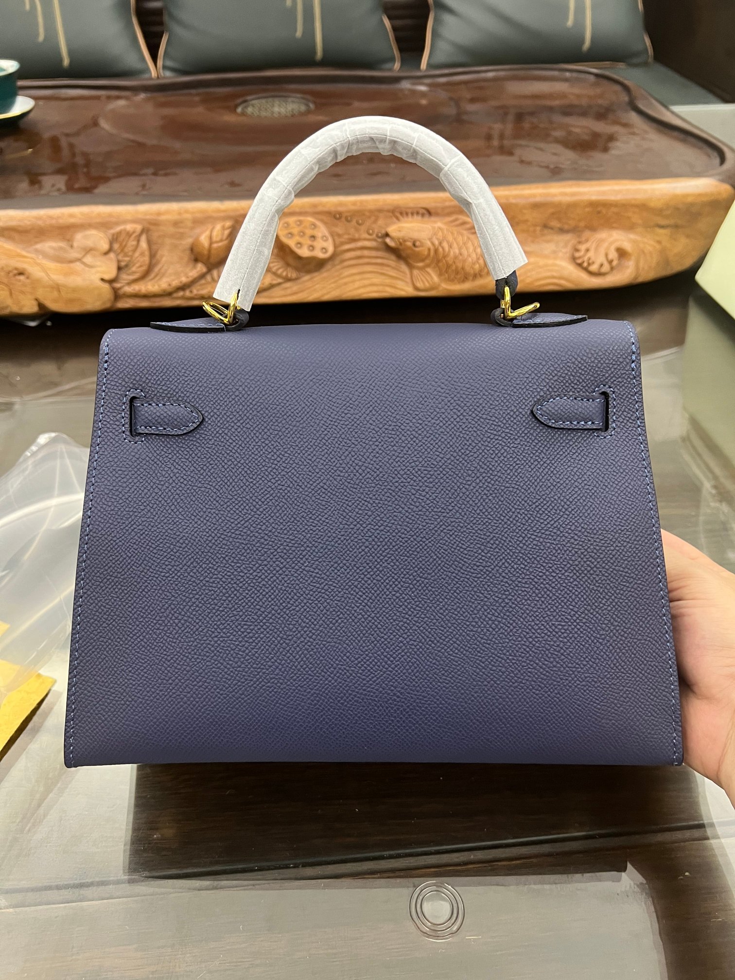 Handmade Hermes 25cm 28cm Epsom Leather Dark Blue with Gold and Silver Hardware