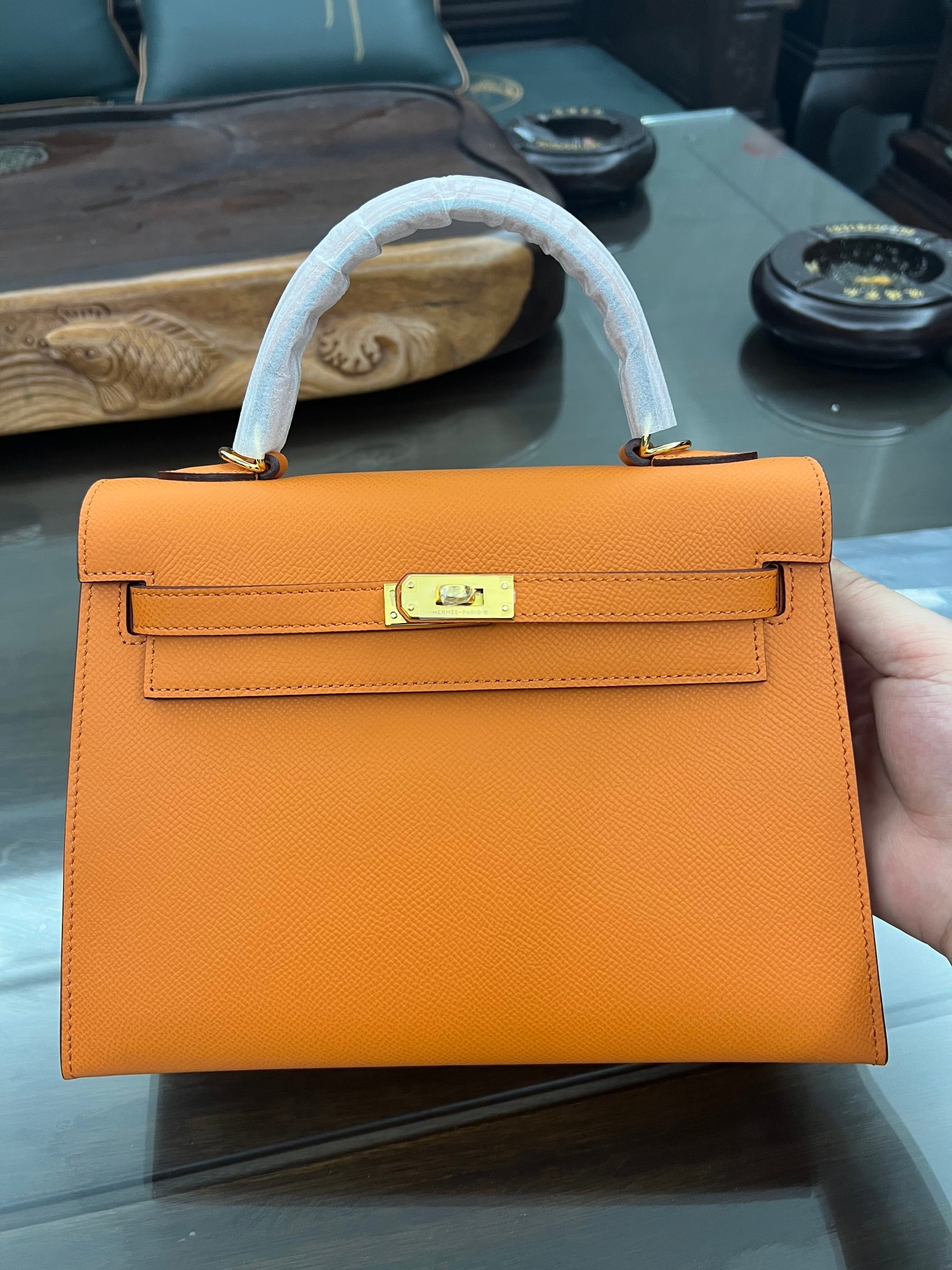 Handmade Hermes 25cm 28cm Epsom Leather Orange with Gold and Silver Hardware