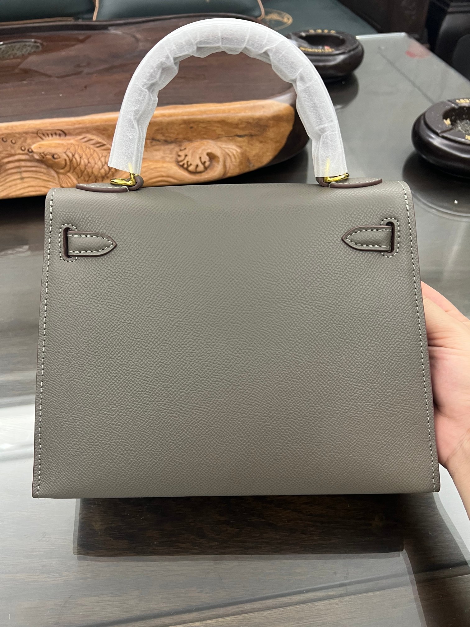 Handmade Hermes 25cm 28cm Epsom Leather Pewter Gray with Gold and Silver Hardware