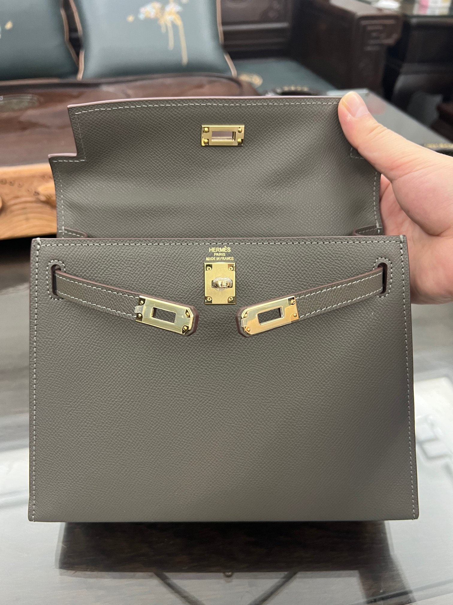 Handmade Hermes 25cm 28cm Epsom Leather Pewter Gray with Gold and Silver Hardware