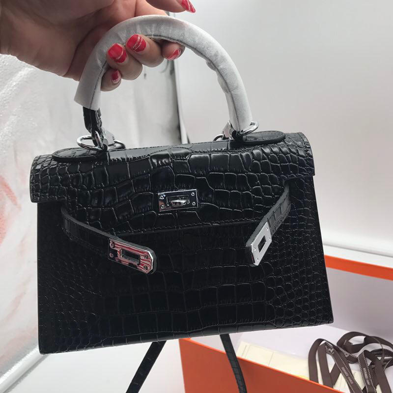 Hermes 22cm Kelly Bag Crocodile Stripe Handbag Black With Silver 