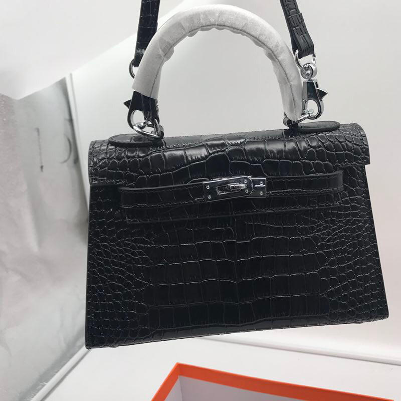 Hermes 22cm Kelly Bag Crocodile Stripe Handbag Black With Silver 