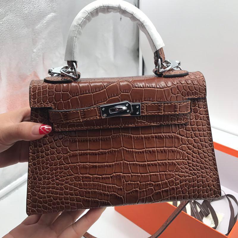Hermes 22cm Kelly Bag Crocodile Stripe Handbag Coffee With Silver