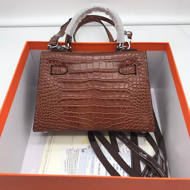 Hermes 22cm Kelly Bag Crocodile Stripe Handbag Coffee With Silver