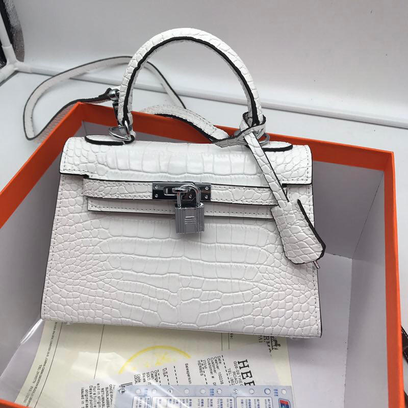 Hermes 22cm Kelly Bag Crocodile Stripe Handbag White With Silver 