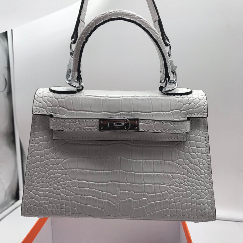Hermes 22cm Kelly Bag Crocodile Stripe Handbag White With Silver 