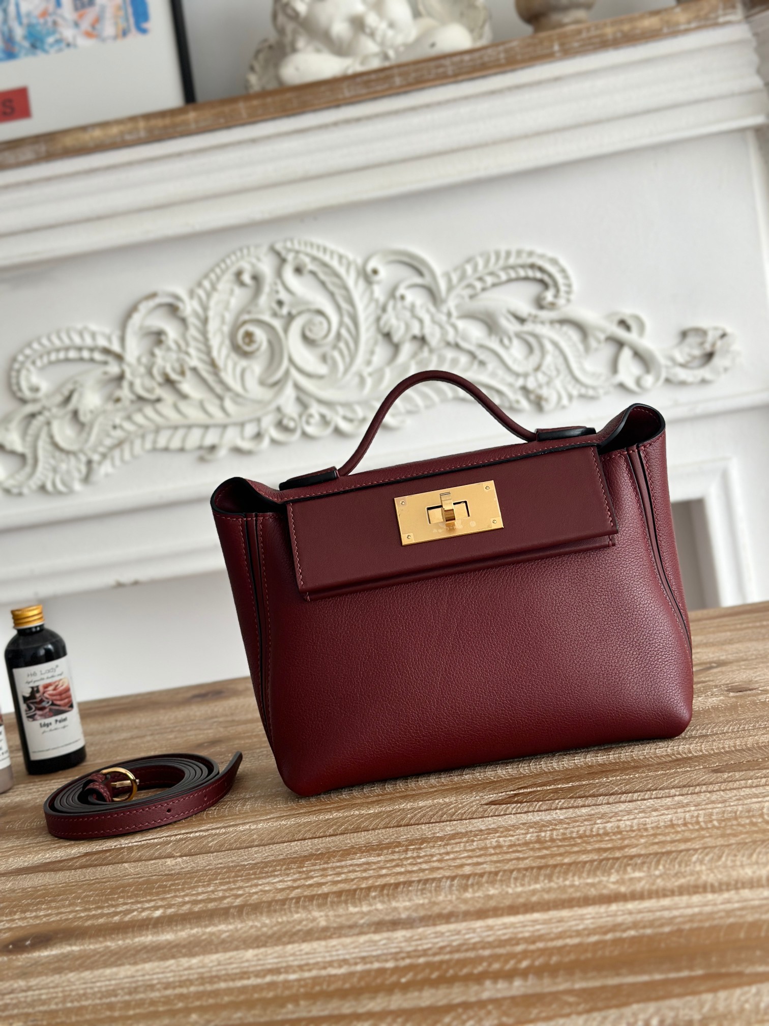 Hermes 24-24 Mini Bag Evercolor Wine Red with Gold