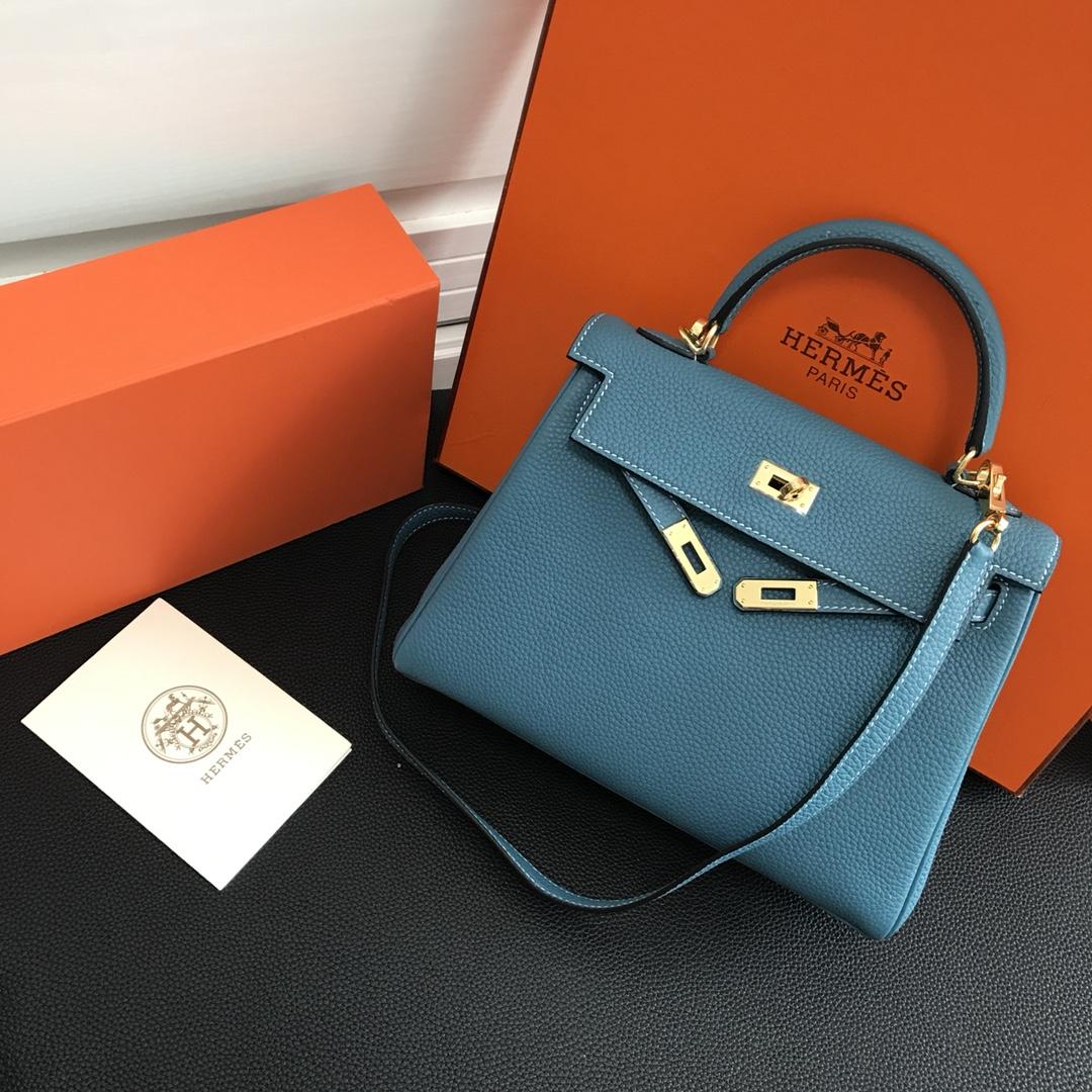 Hermes 25cm Kelly Bag Togo Leather Handbag Light Blue