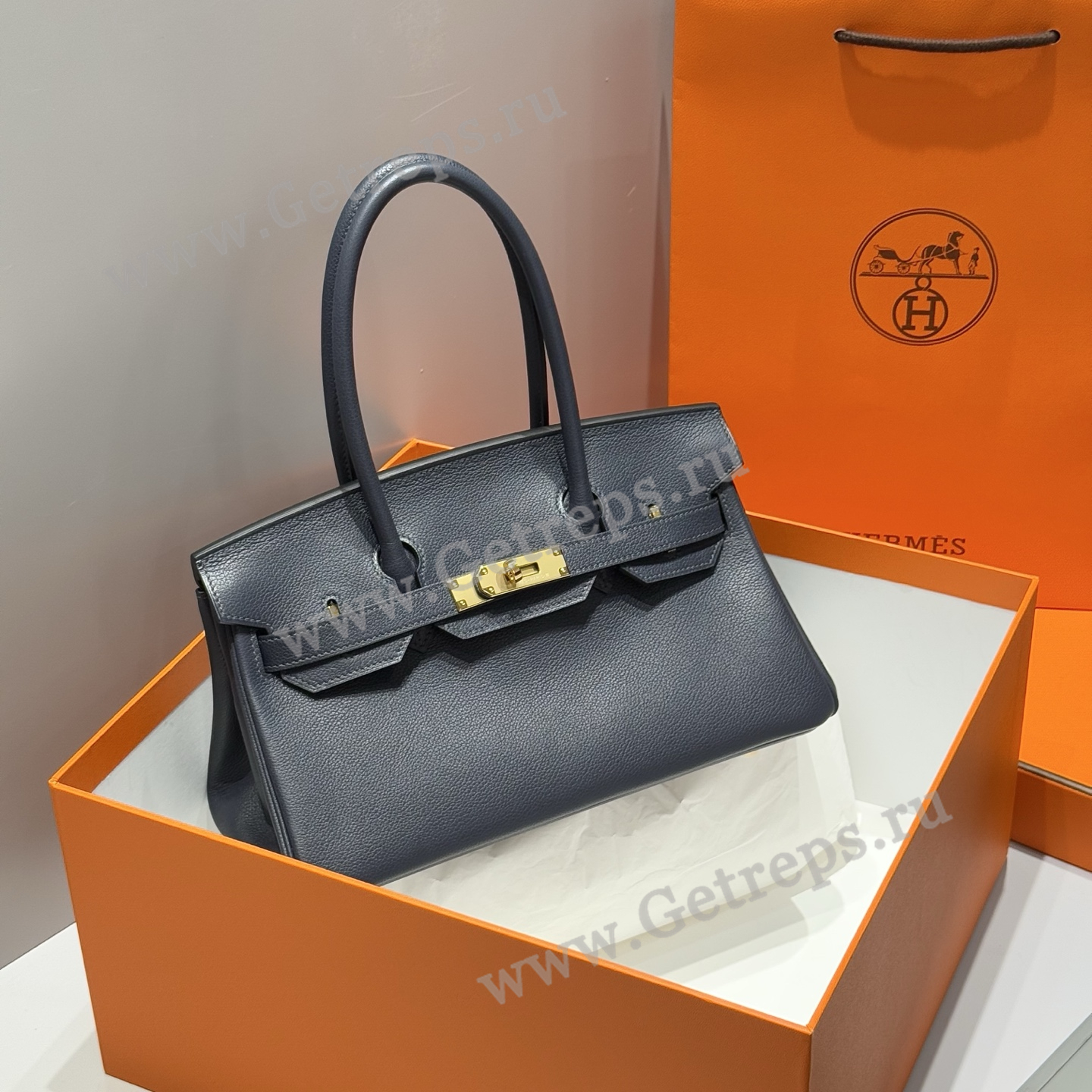 Hermes 29cm Birkin Shoulder Evercolor Leather Bieu Nult