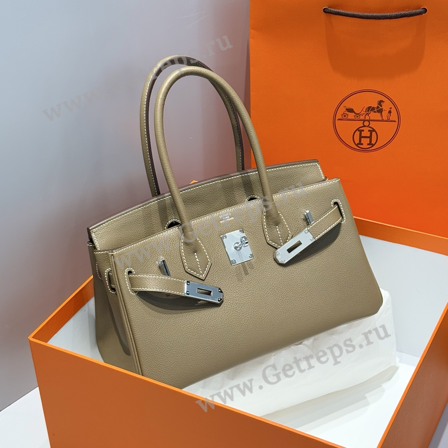 Hermes 29cm Birkin Shoulder Evercolor Leather Elephant Gray