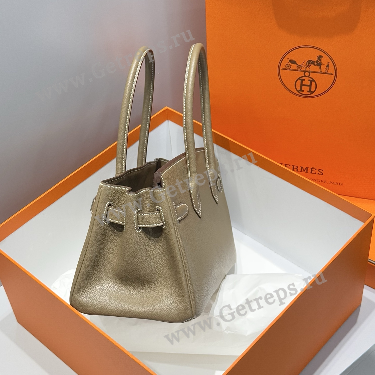 Hermes 29cm Birkin Shoulder Evercolor Leather Elephant Gray