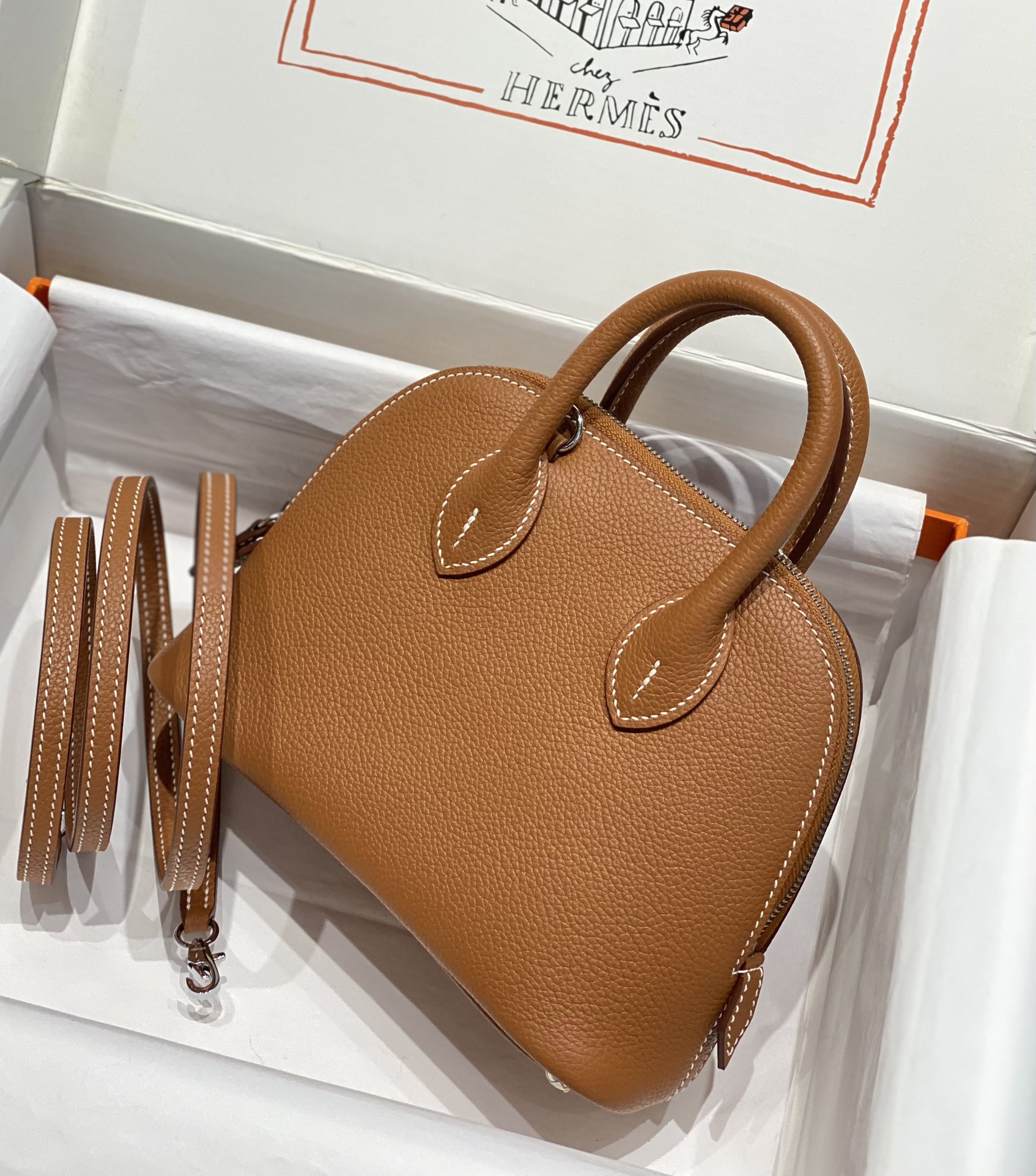 Hermes Bolide 1923 Mini Handmade Bag Calfskin in Brown With Silver