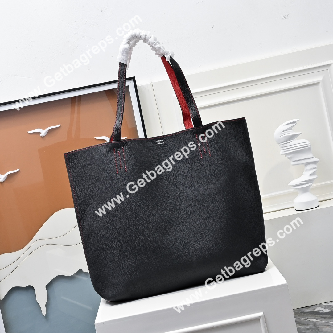 Hermes Double Sens Tote Bag Light Black with Rose