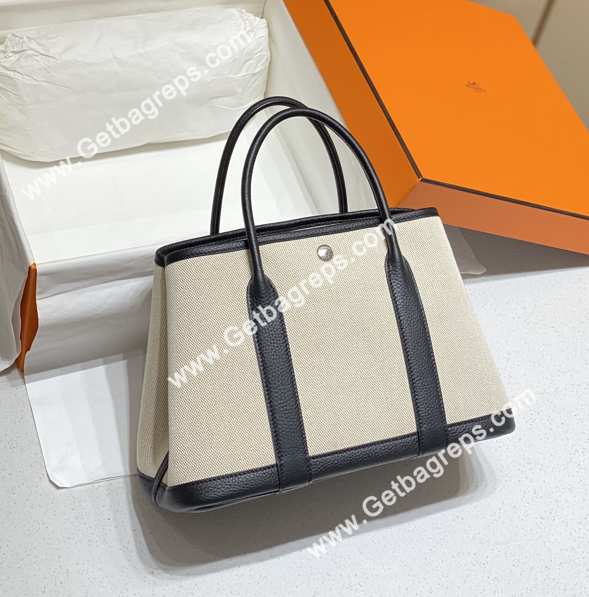Hermes Garden Party 30cm Black Togo Leather With Canvas