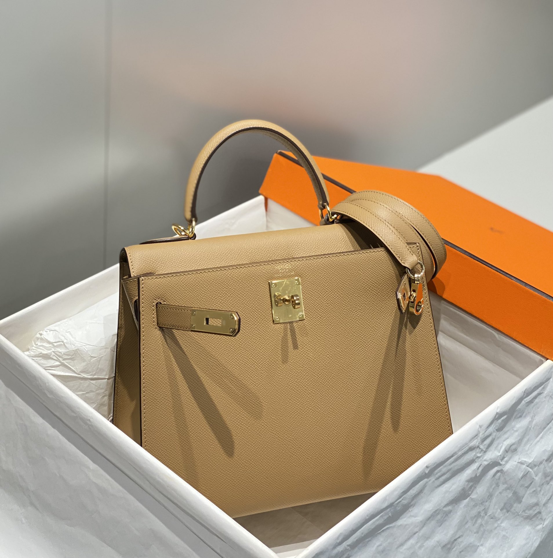 Hermes Kelly 19cm 25cm 28cm Milk Tea Gray