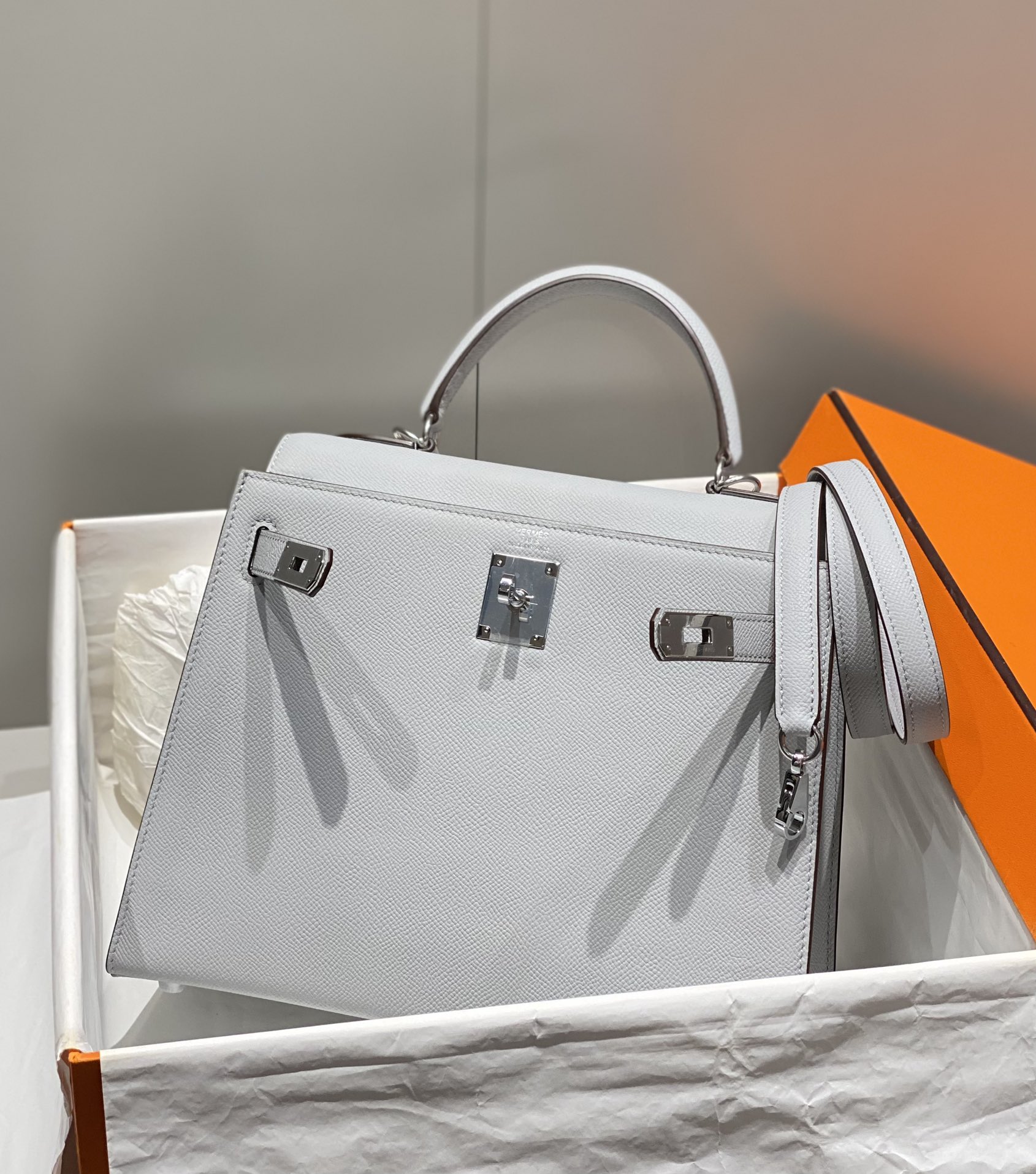 Hermes Kelly 19cm 25cm 28cm Seagull Gray