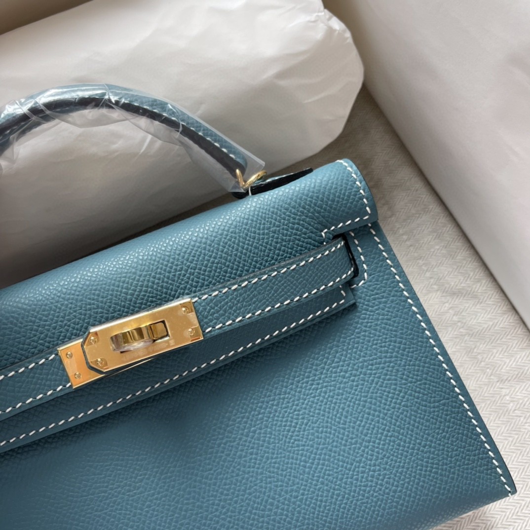 Hermes Kelly Mini II Bag Epsom Leather Denim Blue With Gold