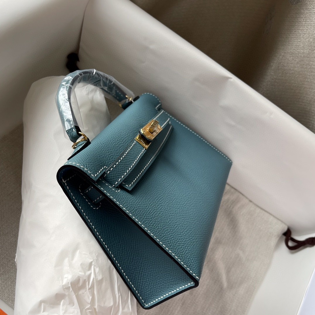 Hermes Kelly Mini II Bag Epsom Leather Denim Blue With Gold