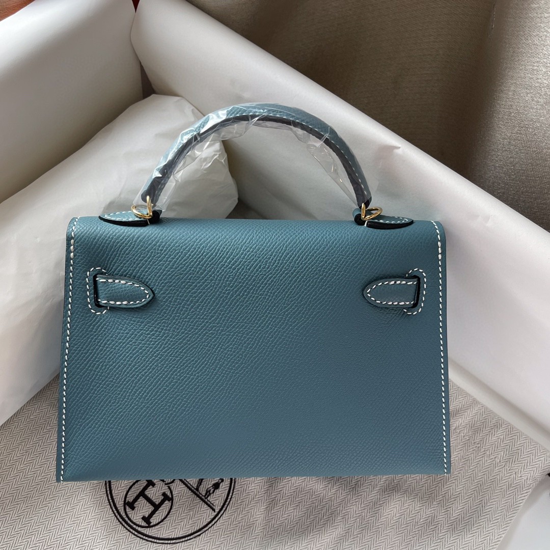 Hermes Kelly Mini II Bag Epsom Leather Denim Blue With Gold