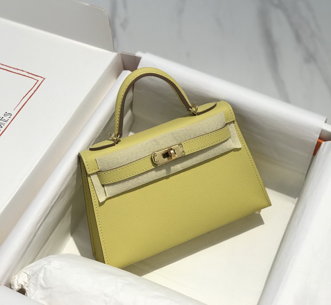 Hermes Kelly Mini II Bag Epsom Leather Light Yellow With Gold