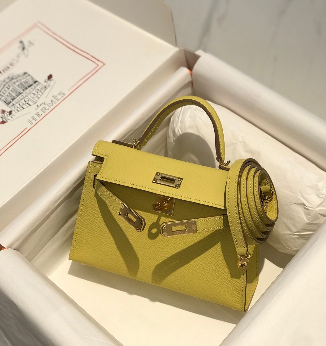 Hermes Kelly Mini II Bag Epsom Leather Light Yellow With Gold
