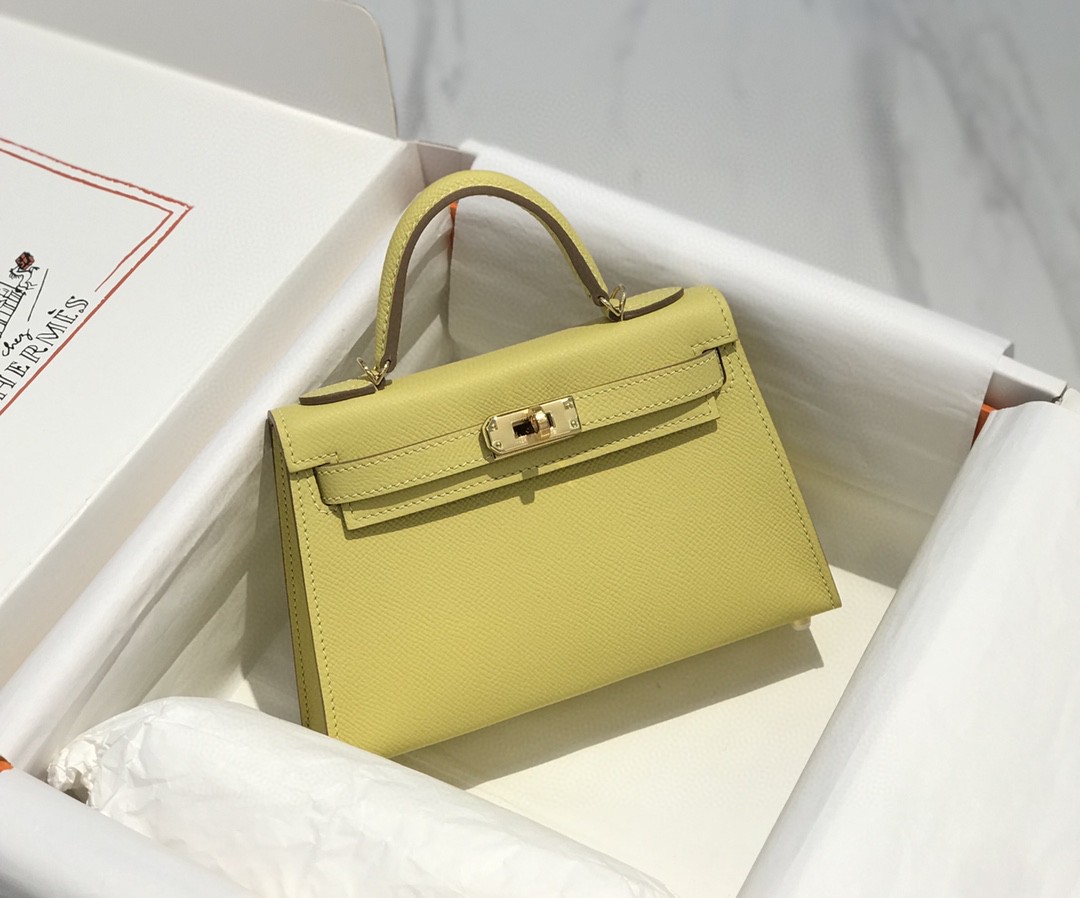 Hermes Kelly Mini II Bag Epsom Leather Light Yellow With Gold