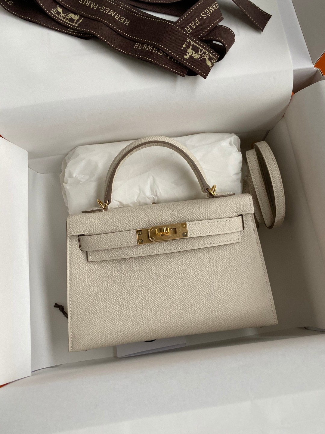 Hermes Kelly Mini II Bag Epsom Leather Milkshake White With Gold
