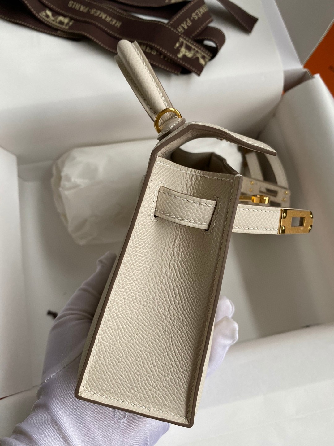 Hermes Kelly Mini II Bag Epsom Leather Milkshake White With Gold